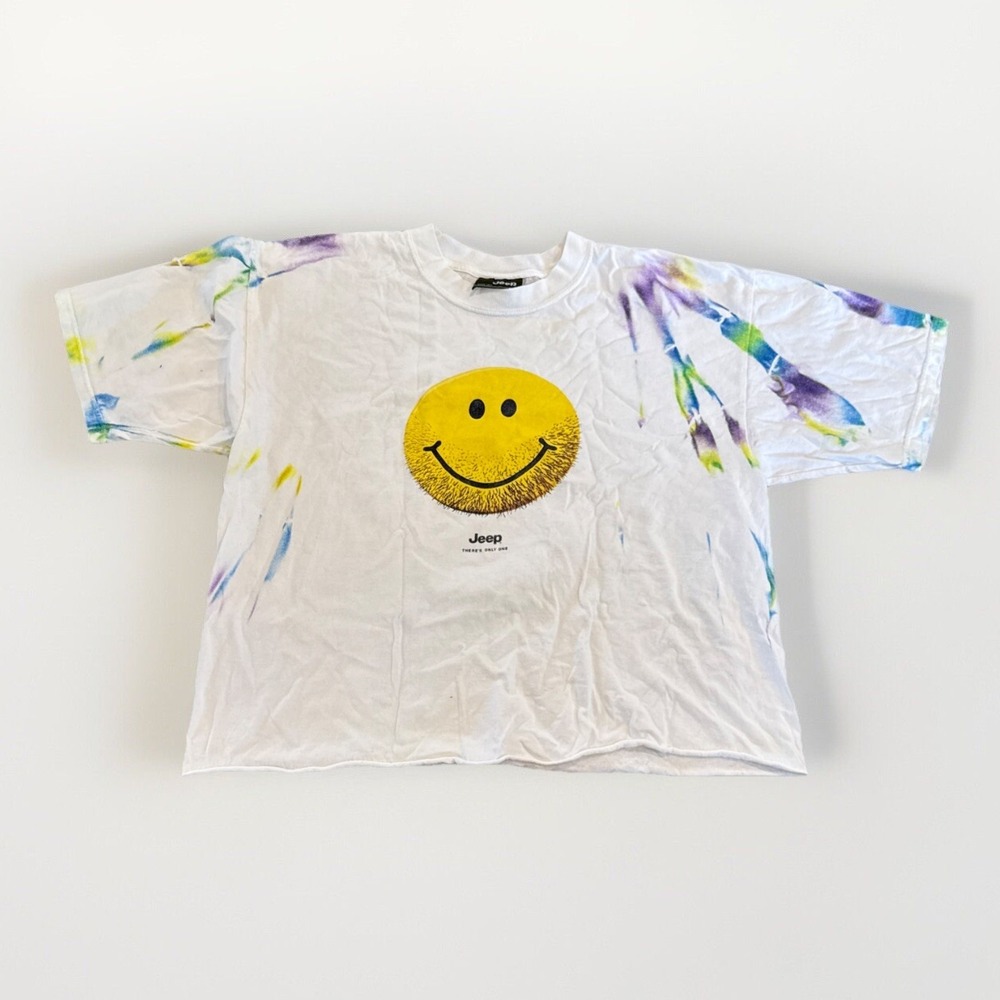 Jeep Shirt Womens XL Tie Dye Cropped Vintage‎ Y2K Smiley Face Wrangler